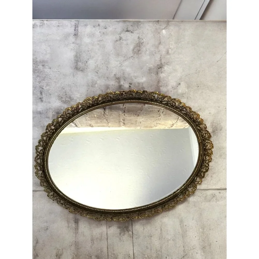 Vintage Ornate Brass & Glass Oval Vanity Tray or Wall Mirror